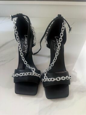 Lemon Drop Black Chain-Accent Ankle-Strap Heels